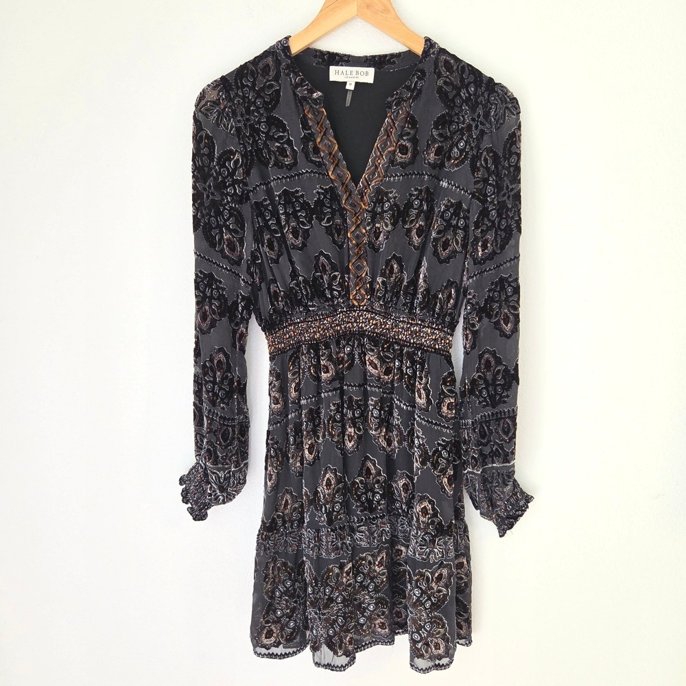 Hale Bob Silk Blend Burnout Velvet Mini Dress Charcoal Gray Copper Damask M - Picture 2 of 12
